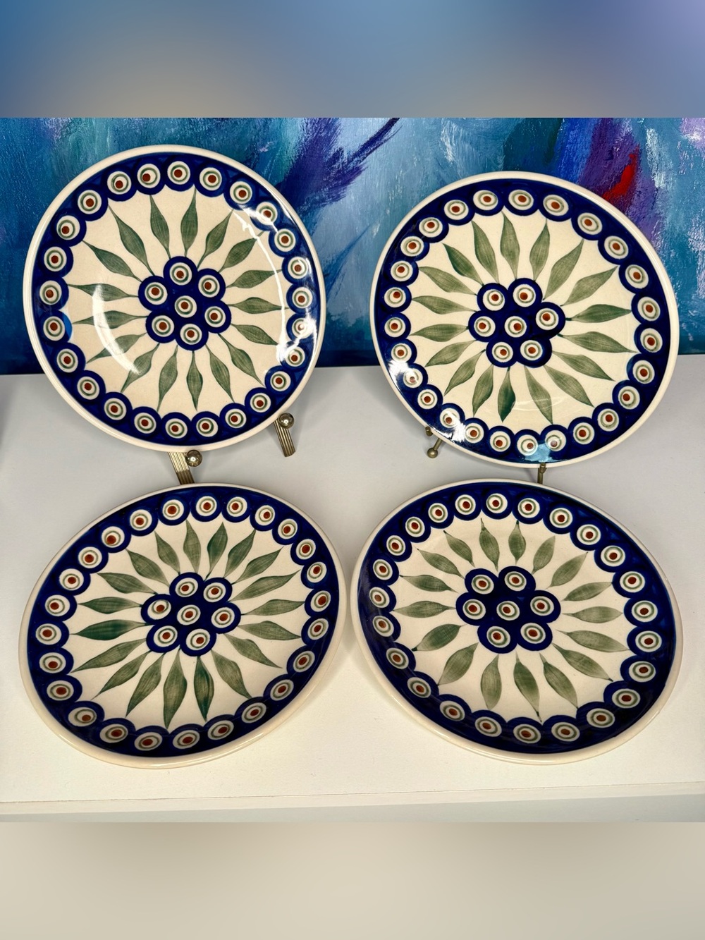 Polish Pottery Peacock Side Plates Set of 4 7.25” Manufaktura Appetizer Dessert